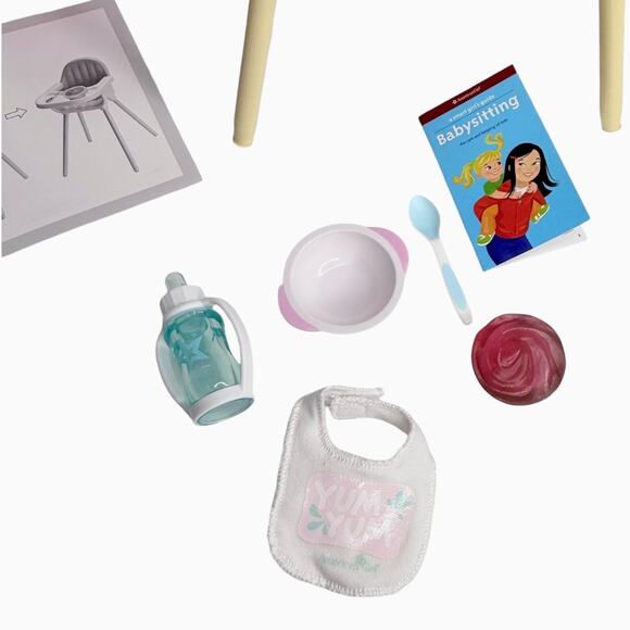 American Girl Little Bitty Baby High Chair Set Tray Food Bottle Bib Bowl Spoon - Picture 4 of 8